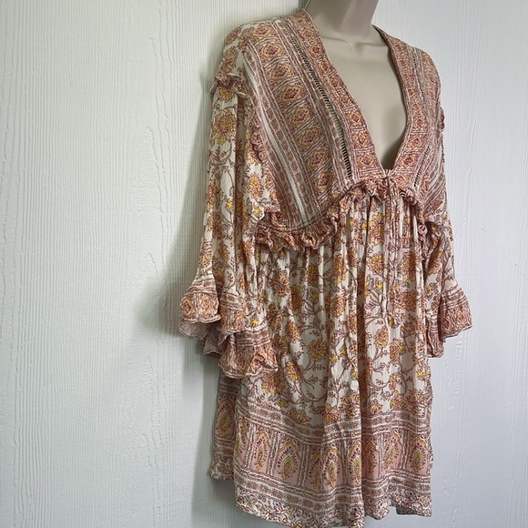 Free People - Moonlight Dance Floral V Neck Boho 3/4 Sleeve Blouse Size Small - Picture 4 of 12